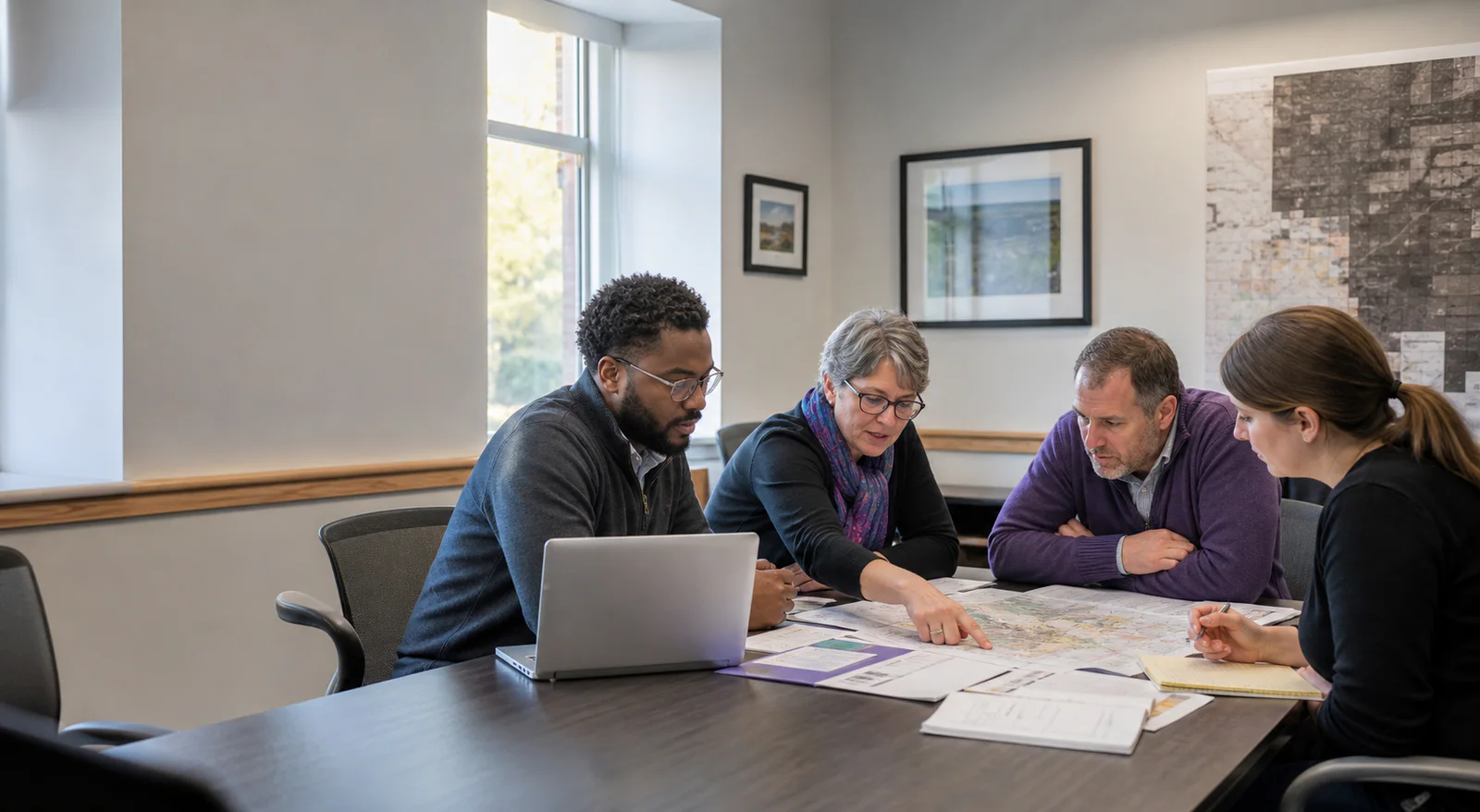 A group reviewing place-based evidence in a meeting room